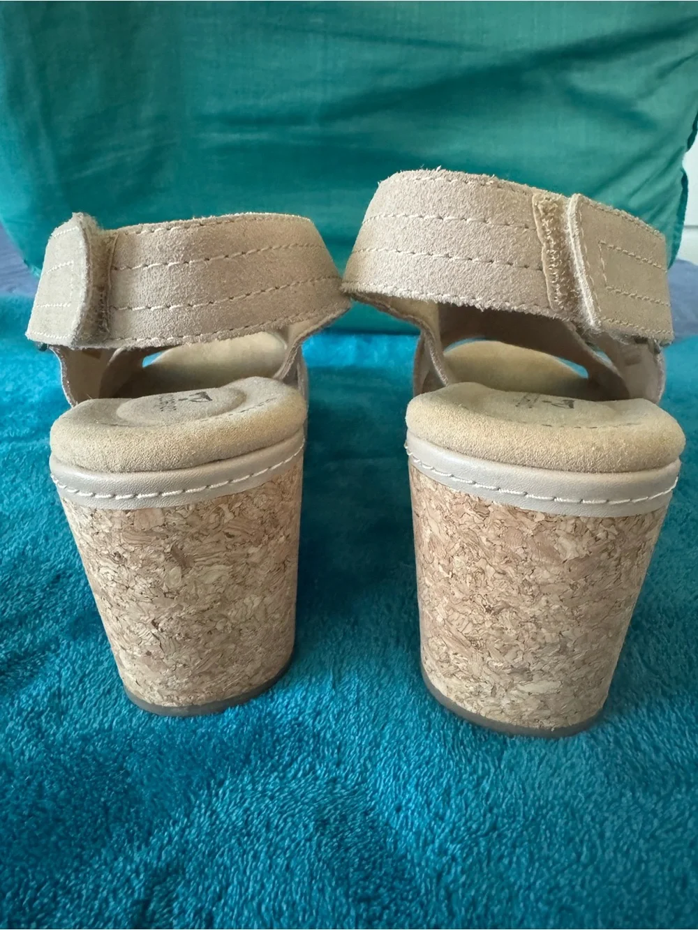Clarks Beige Suede Cork Wedge Sandals, size 7